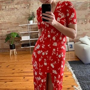 Maxi Short Sleeve Dress with Slit, Red White Floral Print